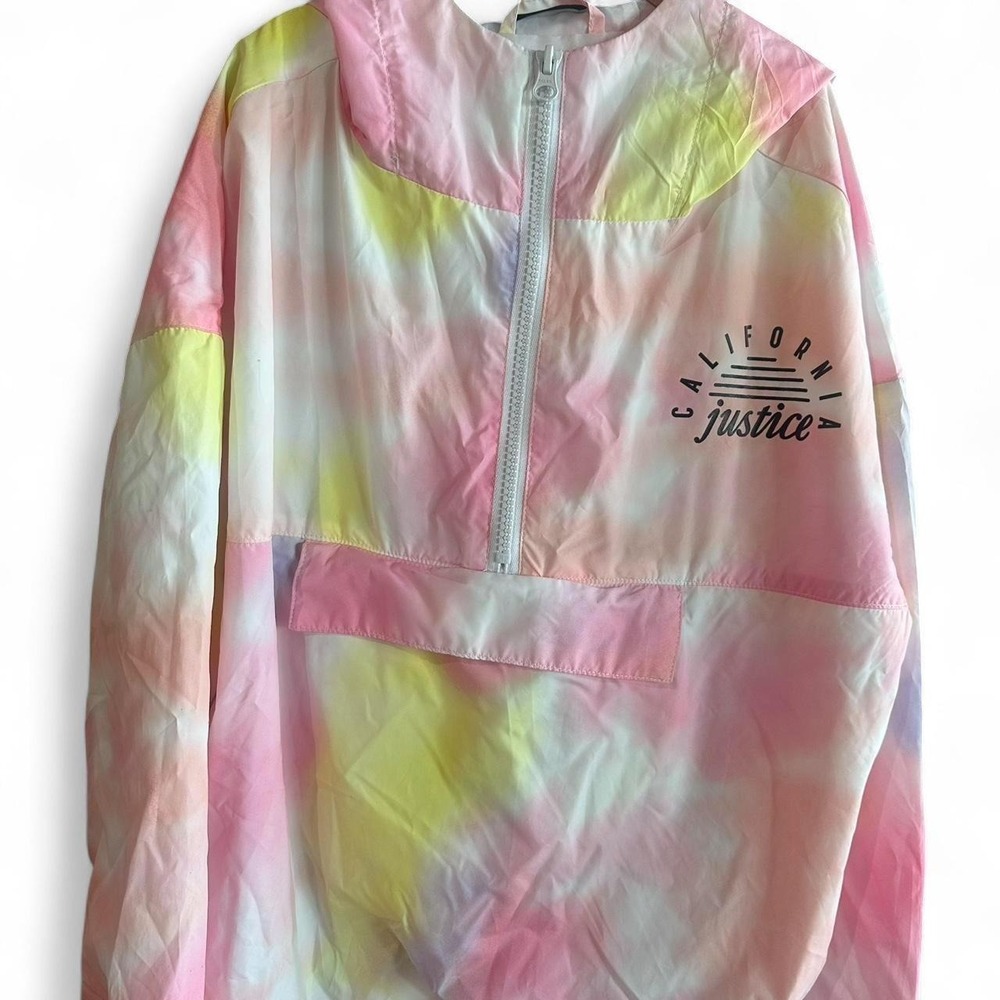 Justice Windbreaker Girls 14/16 Pink Yellow Tie Dye California Hooded Anorak